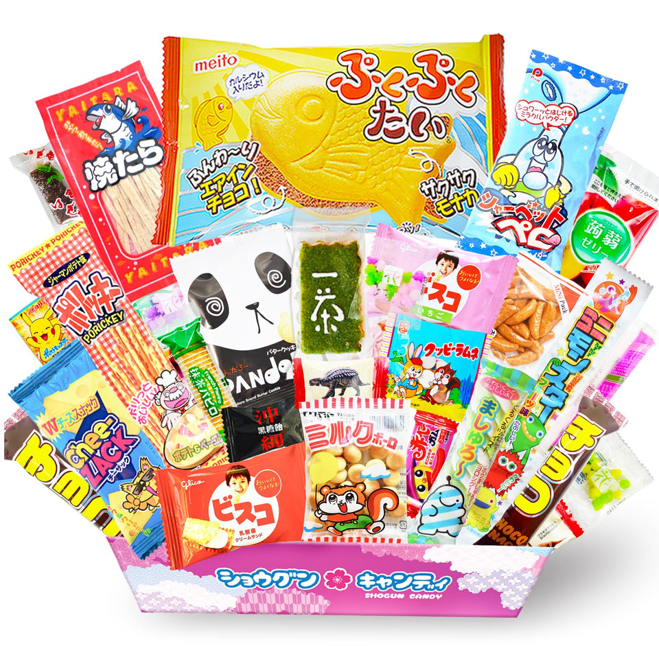 SHOGUN CANDY Japanese snacks variety pack box front view for gifting and sharing.