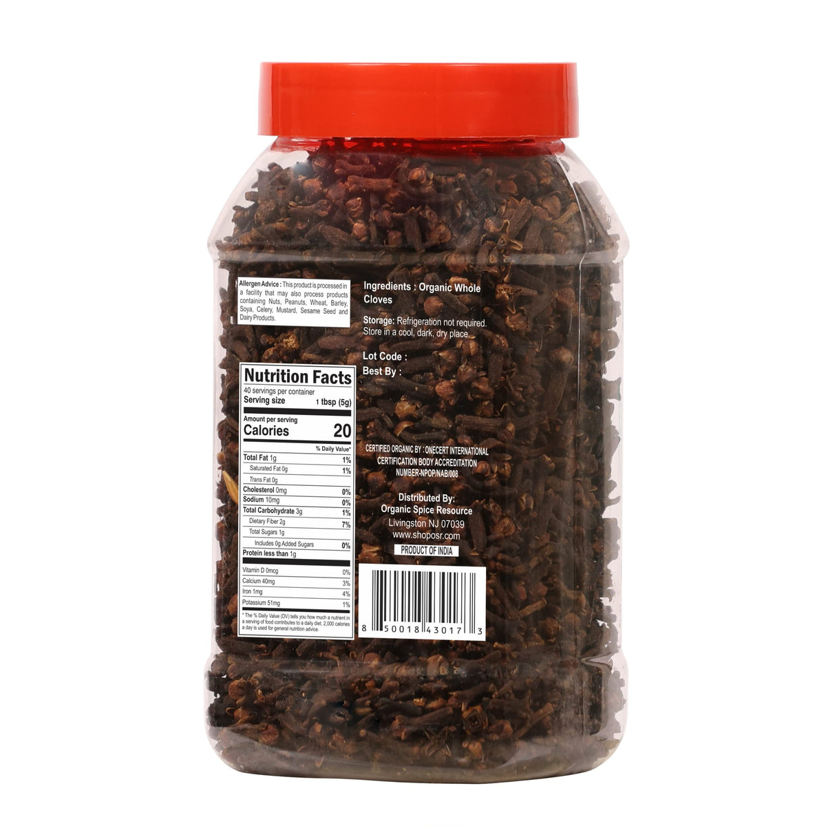 Origin label hints at authenticity for Organic Spice Resource Whole Cloves from India.