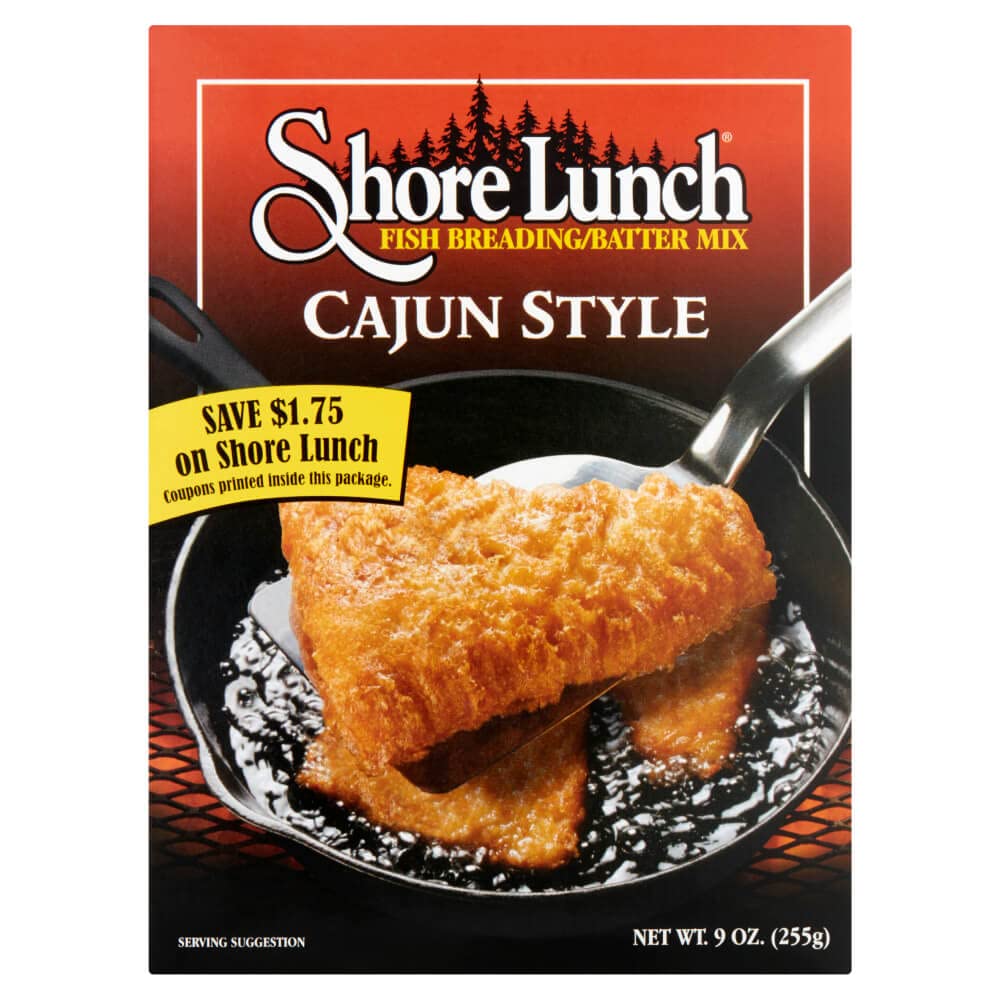 Shore Lunch Cajun-style batter on cooked fish for a golden crust.