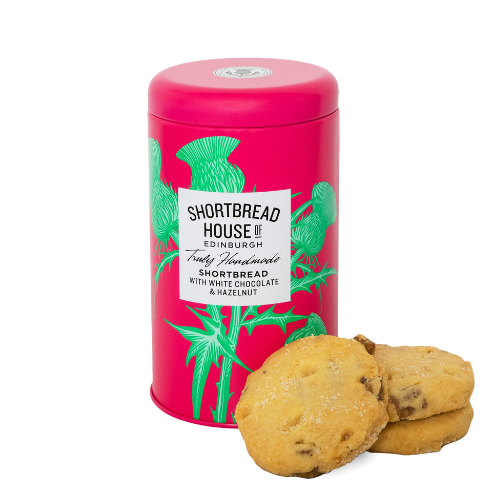 Shortbread House of Edinburgh white chocolate hazelnut shortbread in tin front, ideal gift