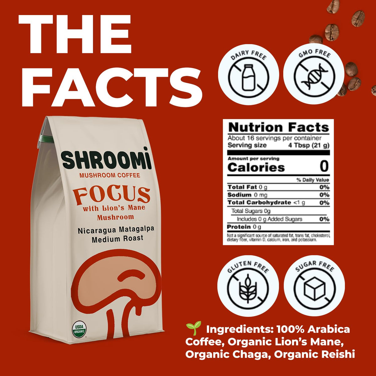 Shroomi ground coffee bag close-up highlighting sustainable sourcing and freshness.