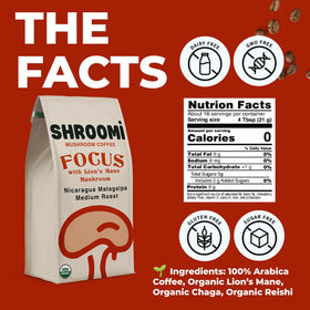 Shroomi ground coffee bag close-up highlighting sustainable sourcing and freshness.