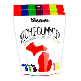 Shurms Candy Michi-Gummies in Michigan shape on the bag, a playful snack gift.