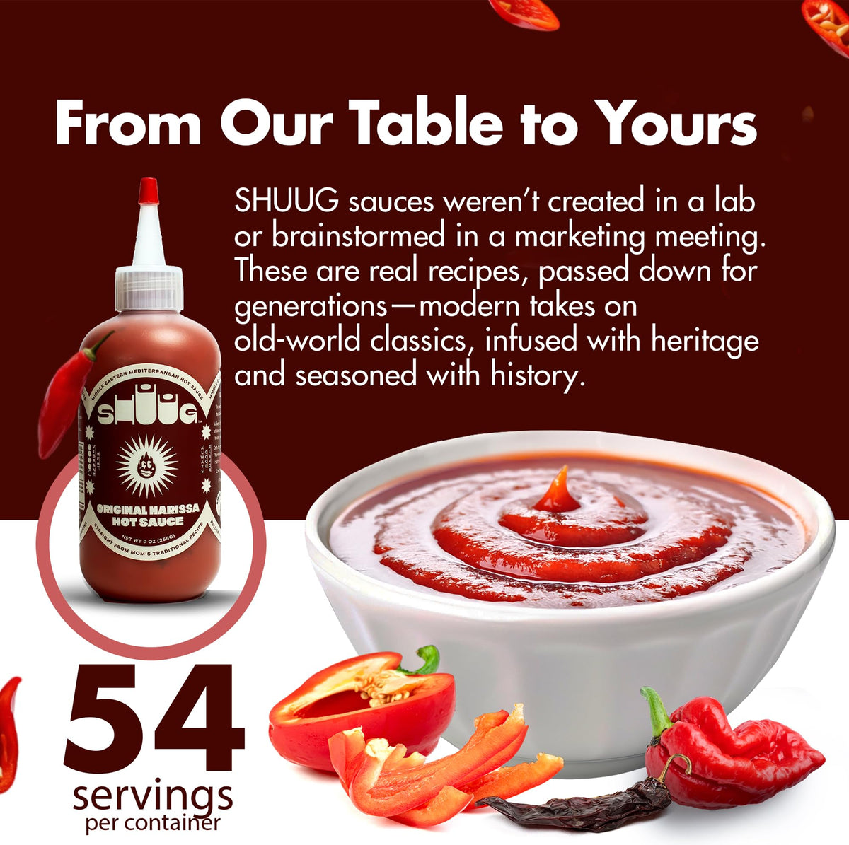 SHUUG Harissa dipping sauce pairs with breads and veggies.