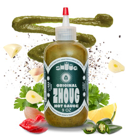 SHUUG Zhoug bottle closeup showcasing fresh cilantro for bold dipping flavors.