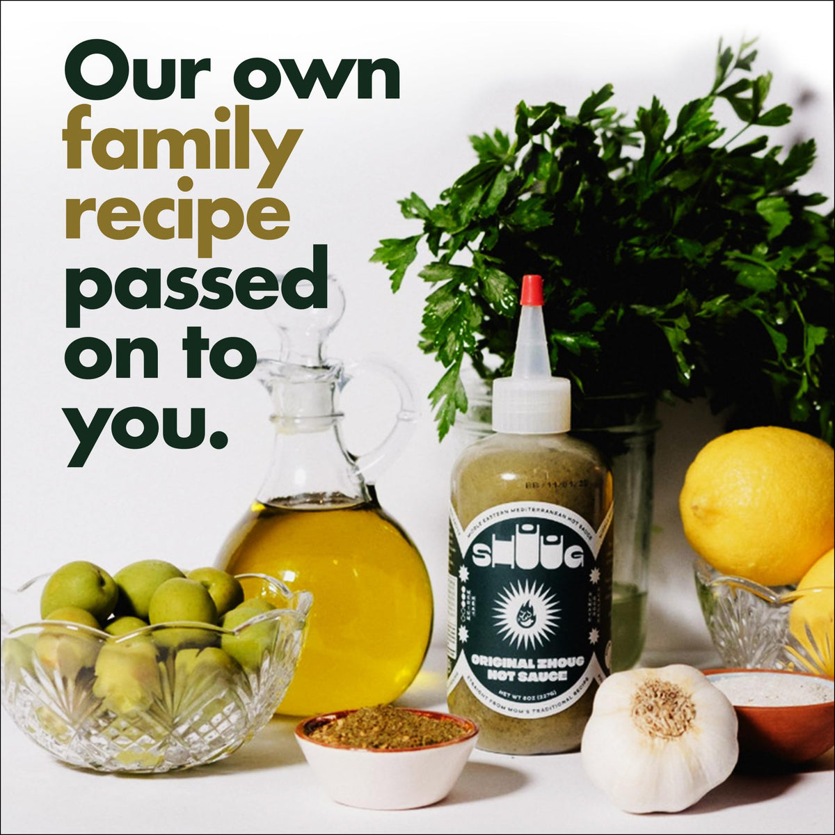 SHUUG Zhoug ingredients cilantro and garlic highlight vibrant herb notes.