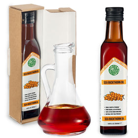 Siberian Green Sea Buckthorn Oil bottle front view, ideal for finishing salads