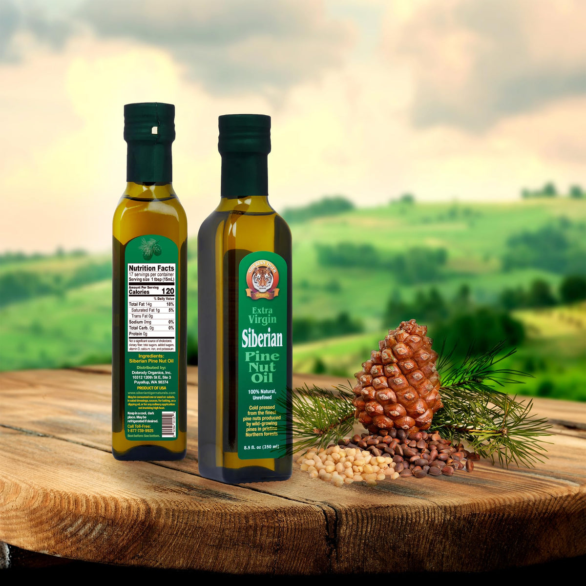 Siberian Tiger Naturals oil bottle in northern forest setting