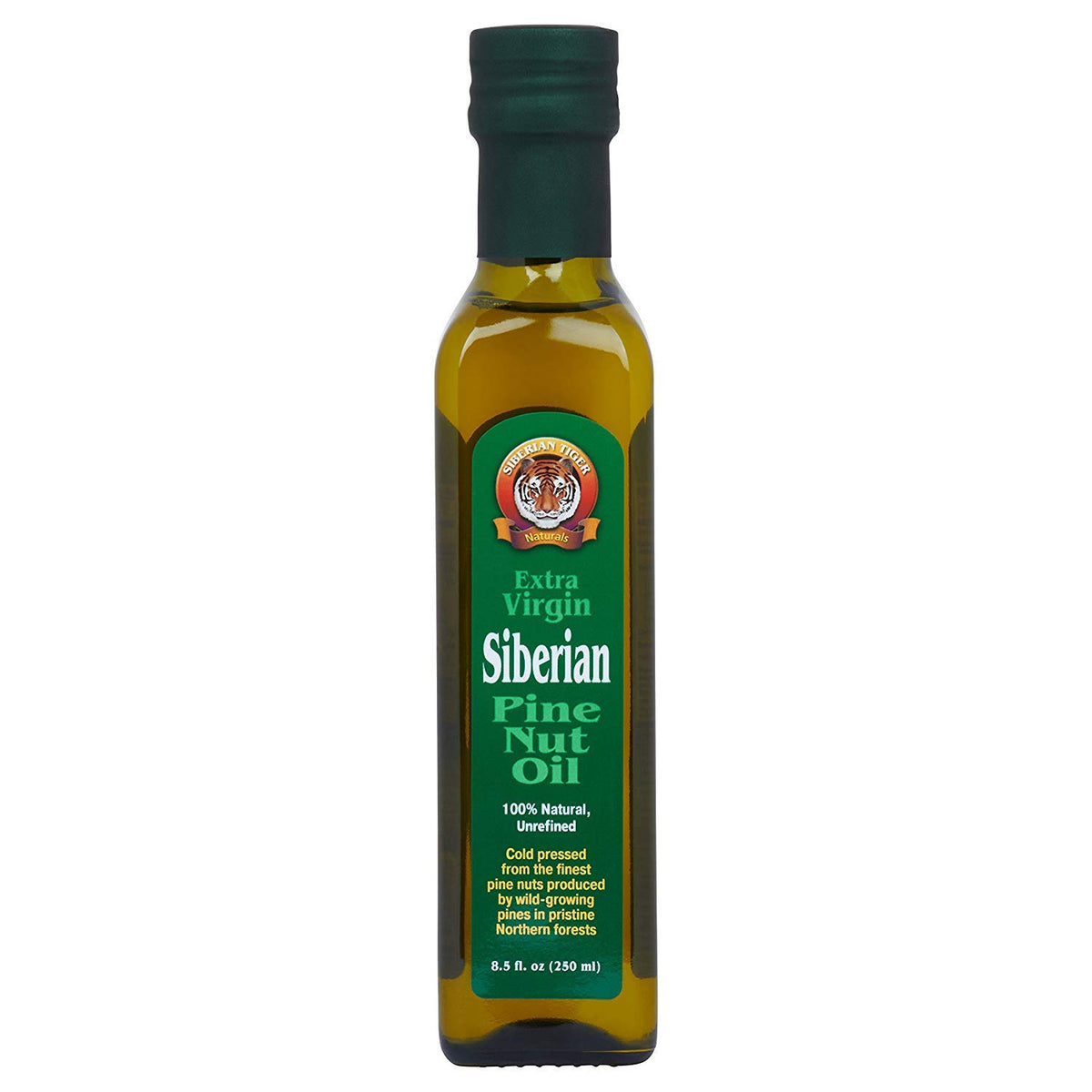Siberian Tiger Naturals pine nut oil bottle for drizzle on salads
