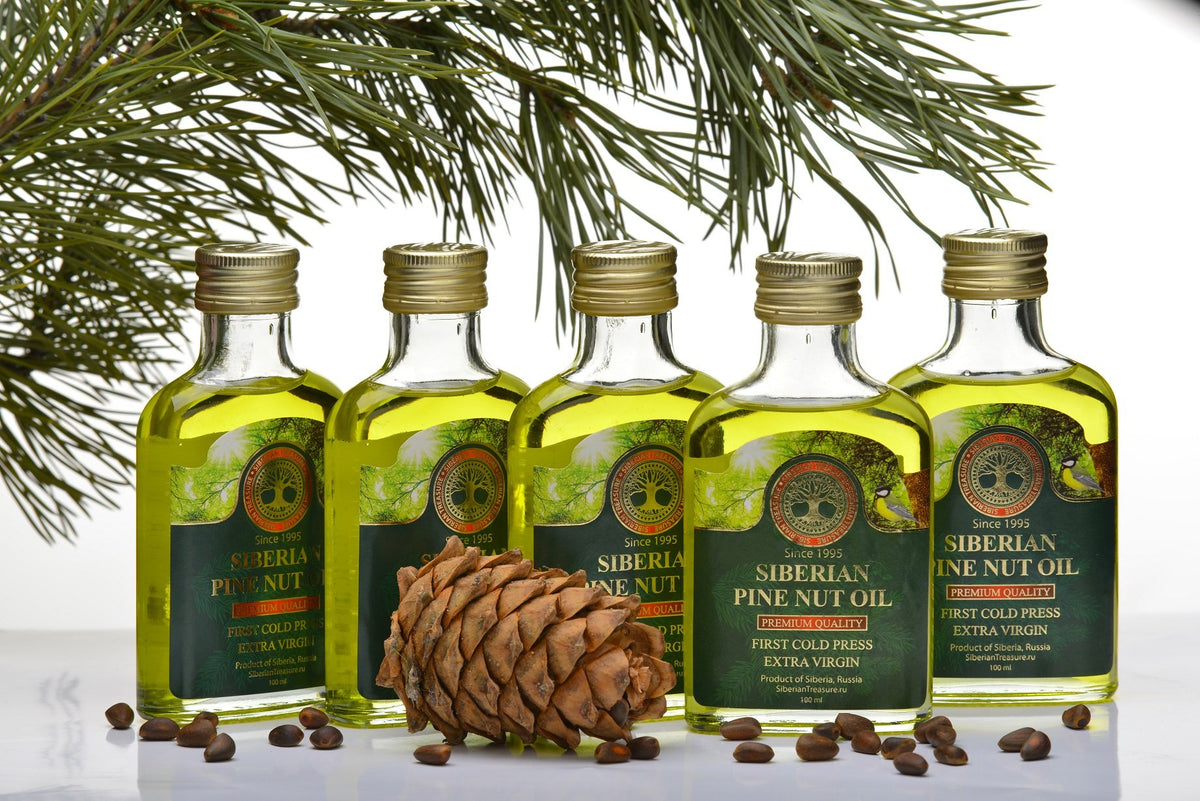 Siberian Treasure amber glass bottle, premium extra virgin oil for self-care and recipes.