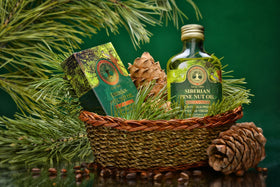 Siberian Treasure label close-up, first cold-pressed pine nut oil with natural purity.