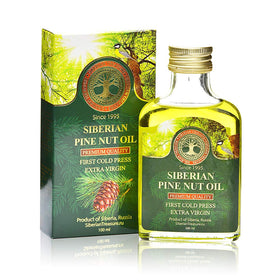Siberian Treasure pine nut oil bottle on wood, premium oil for culinary use.