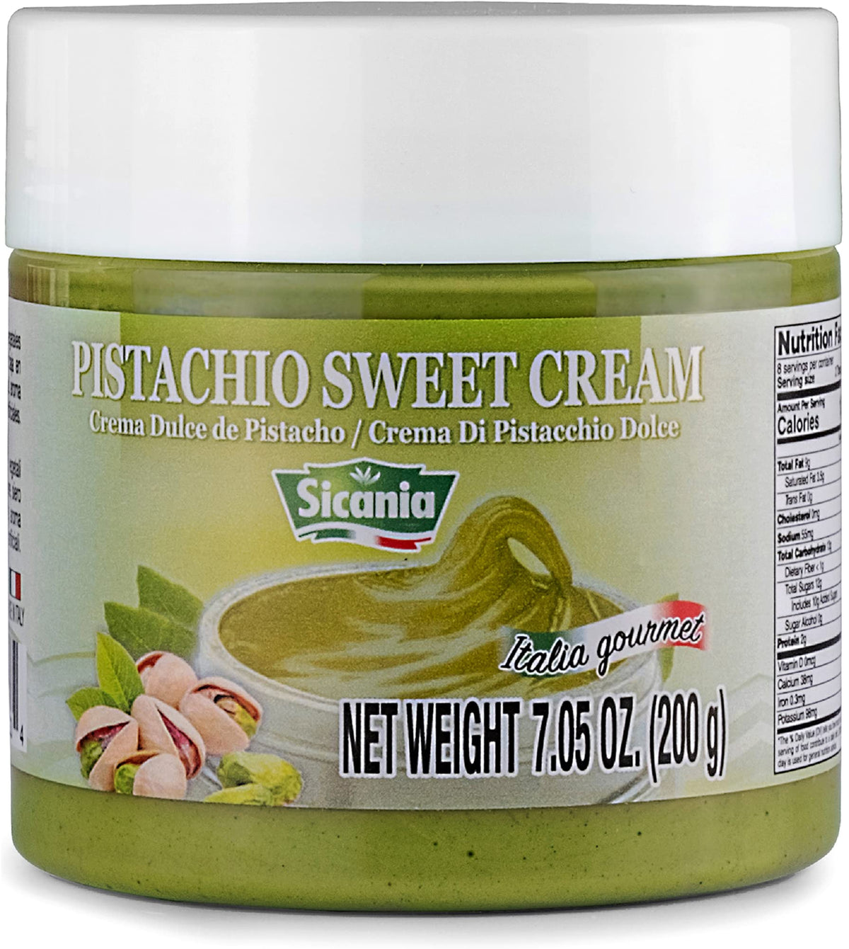 SICANIA Pistachio Cream bottle shows premium Italian spread for desserts.