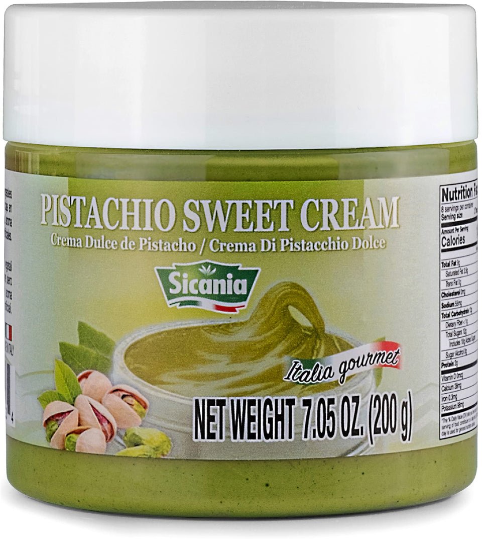 SICANIA Pistachio Cream bottle shows premium Italian spread for desserts.