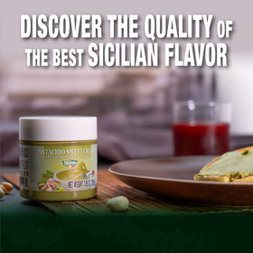 SICANIA Pistachio Cream jar close up emphasizes gluten-free, Non-GMO quality.