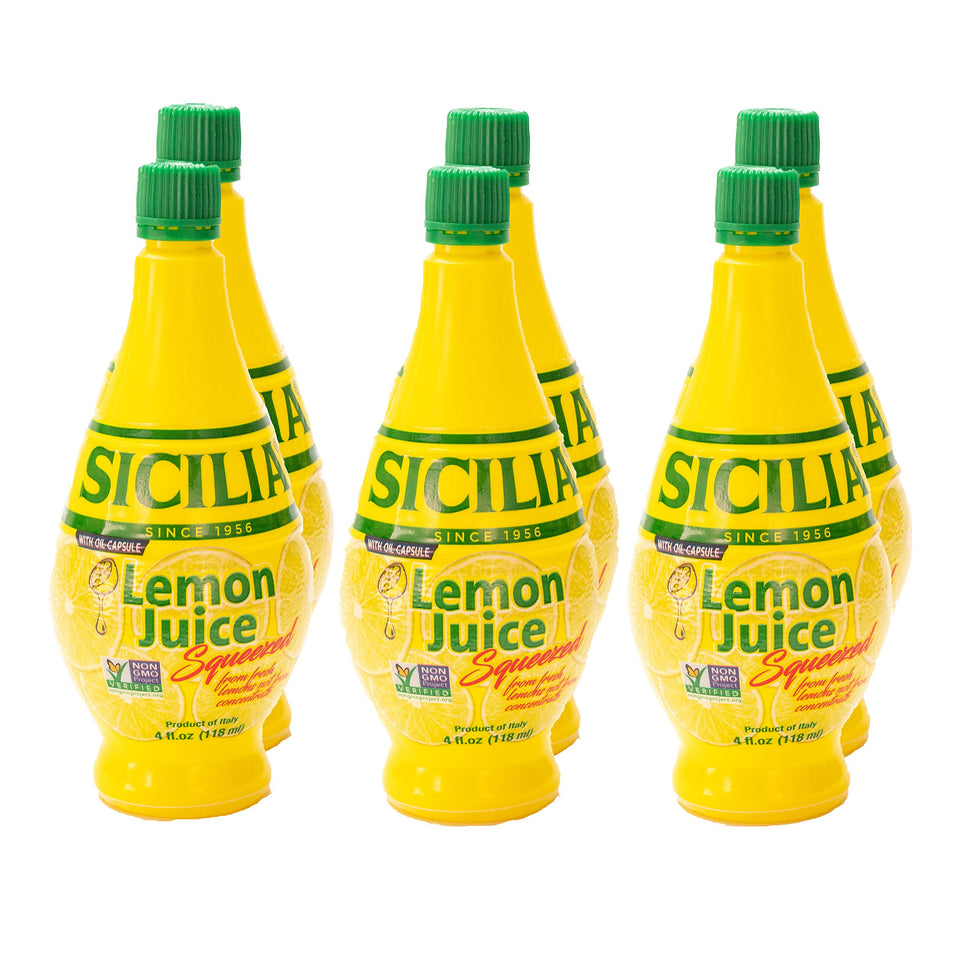 Sicilia Lemon Juice bottle showcases fresh citrus for cocktails and sauces.