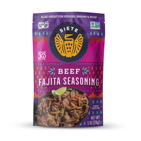 Siete Beef Fajita Seasoning packaging highlights gluten-free blend for grilled meals.