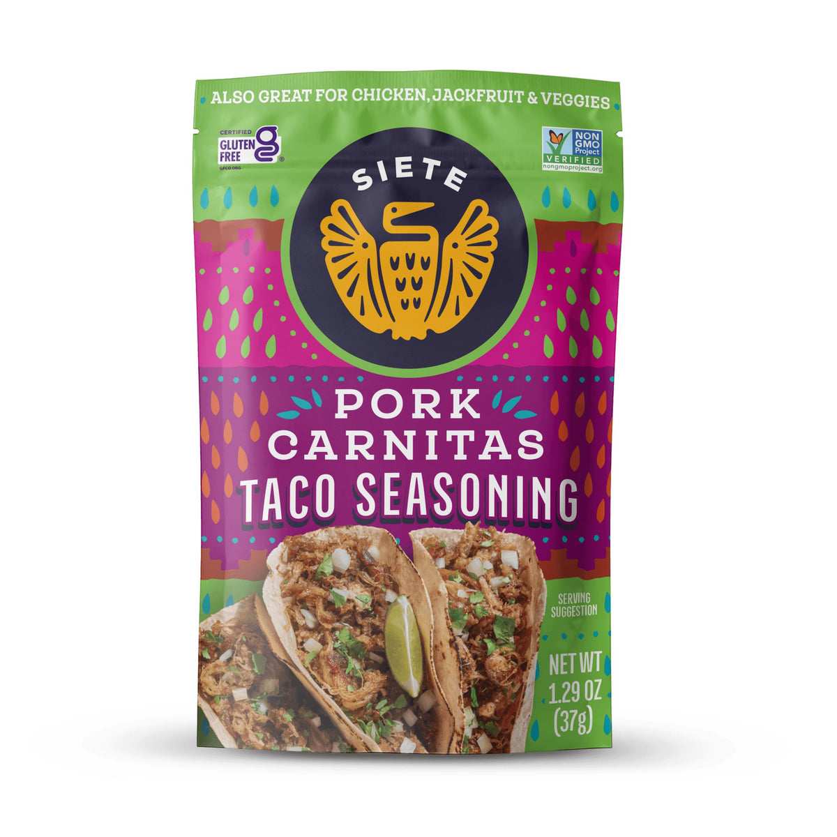 Siete Carnitas seasoning bottle label ready for bold weeknight flavor.