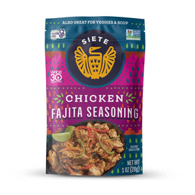 Siete Chicken Fajita Seasoning Pack front view highlighting gluten free flavor.