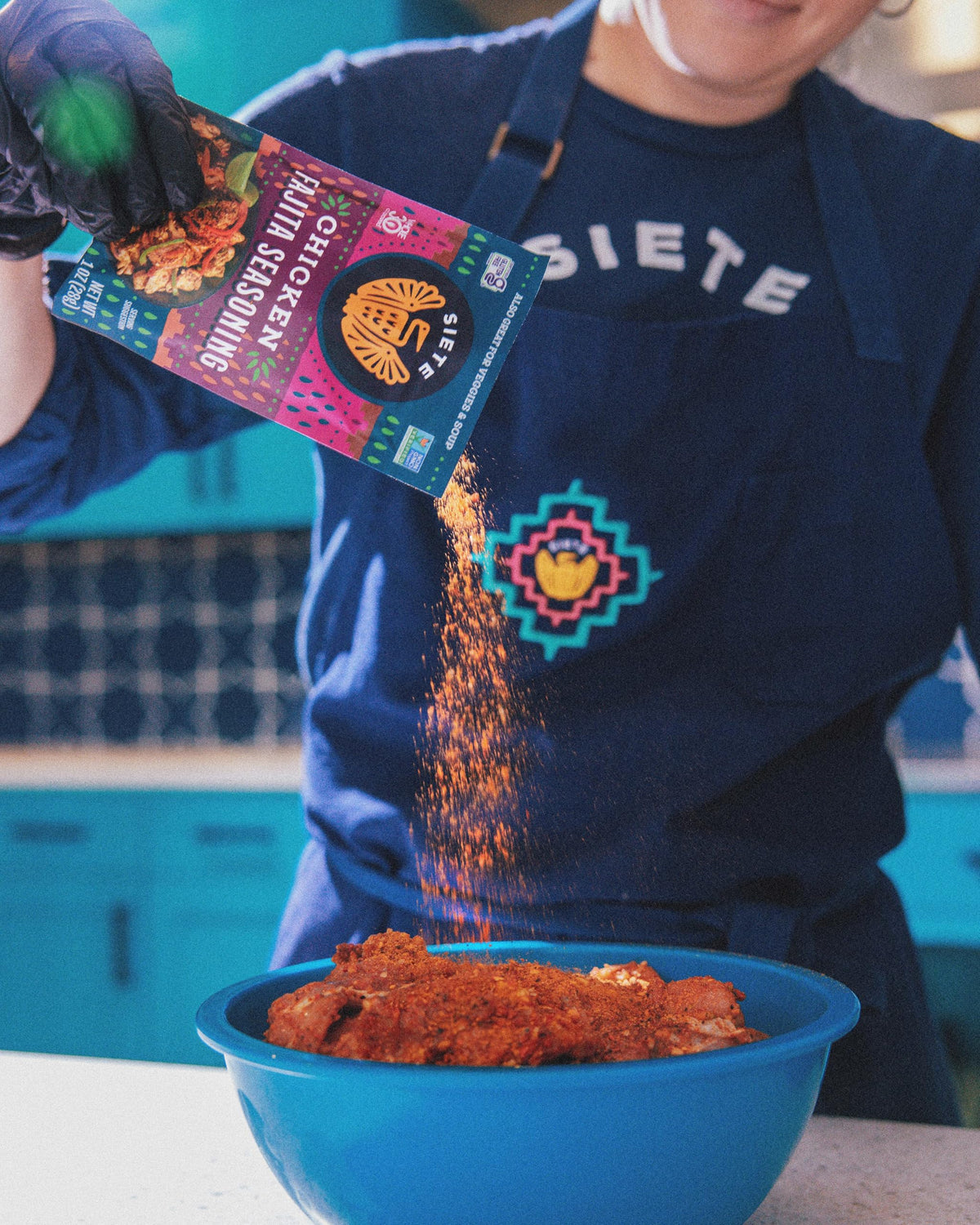 Siete Chicken Fajita Seasoning close-up showing vibrant spices.