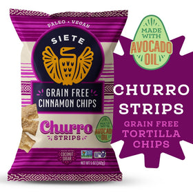 Siete Grain Free Churro Strips in a snack spread demonstrate convenient 3-pack sharing.