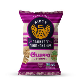 Siete Grain Free Churro Strips packaging highlights gluten-free snacking options.