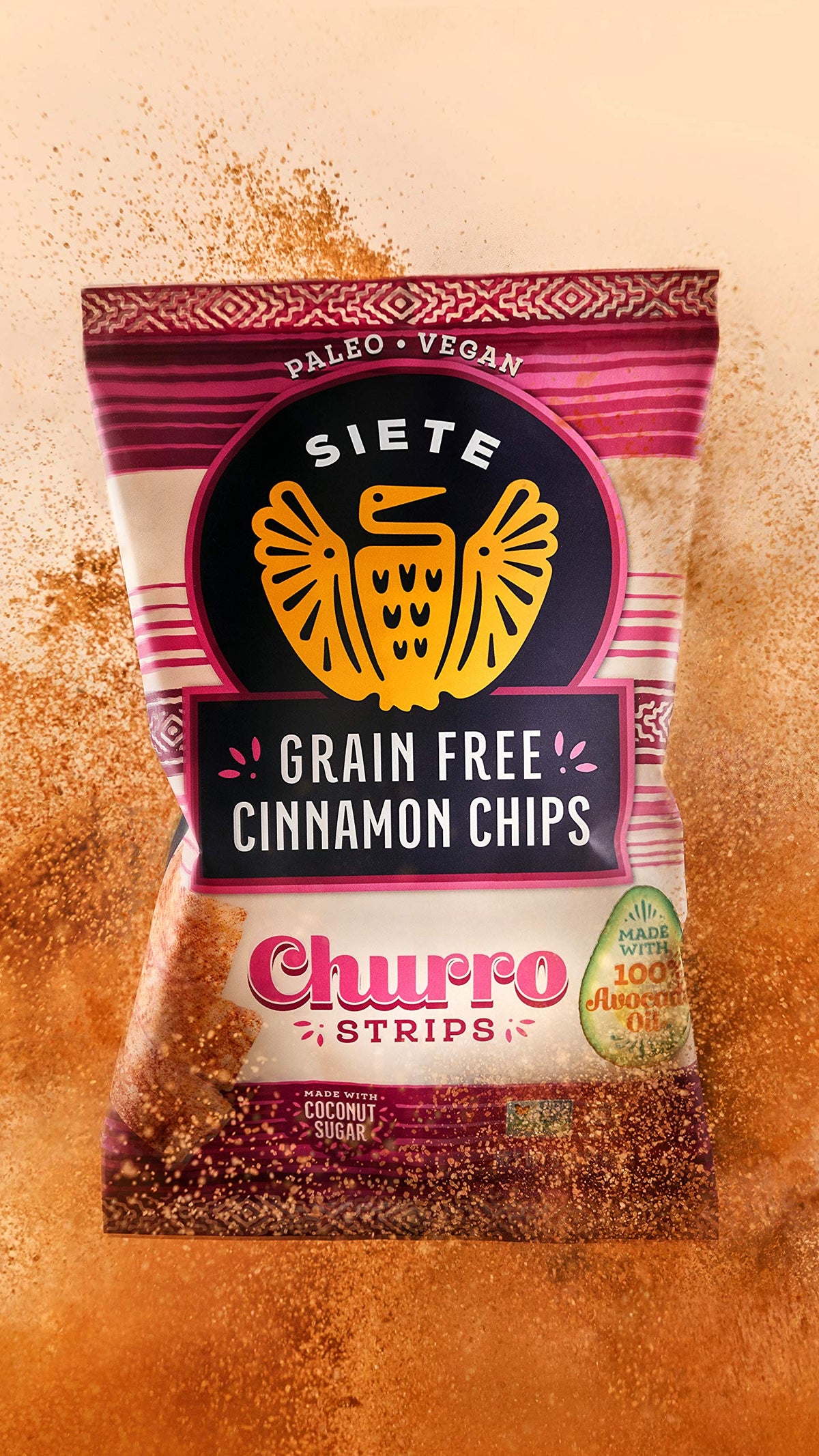 Siete Grain Free Churro Strips with a dipping bowl present vegan, non-GMO appeal.