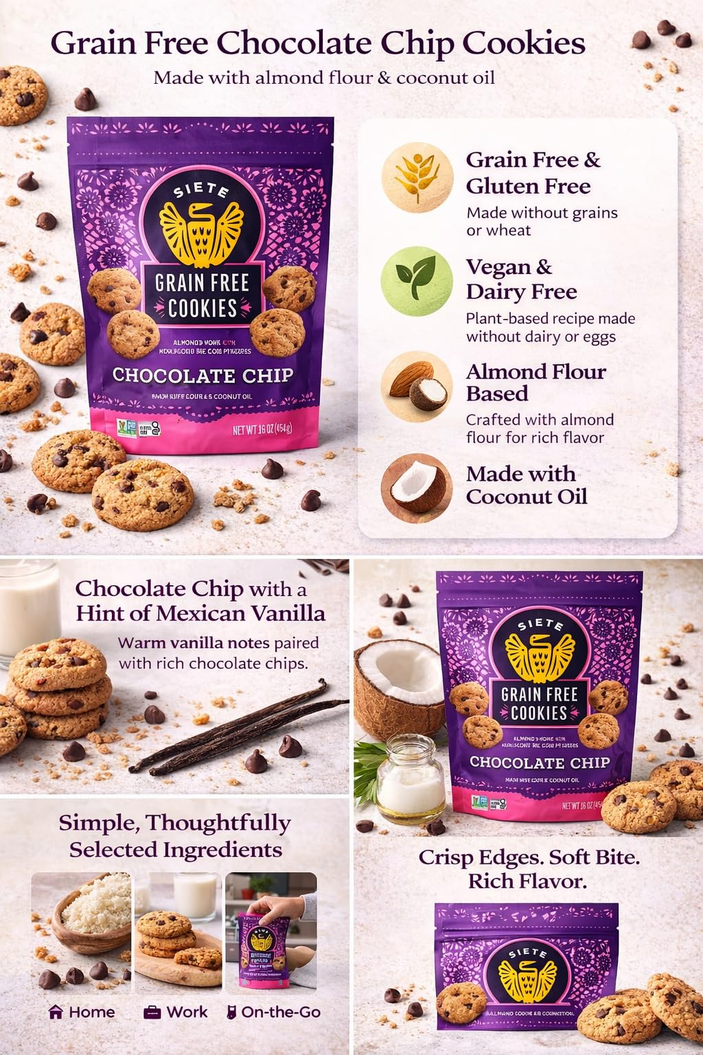 Siete Grain Free Cookies almond flour closeup, rich crumb ideal for dairy-free snacking.