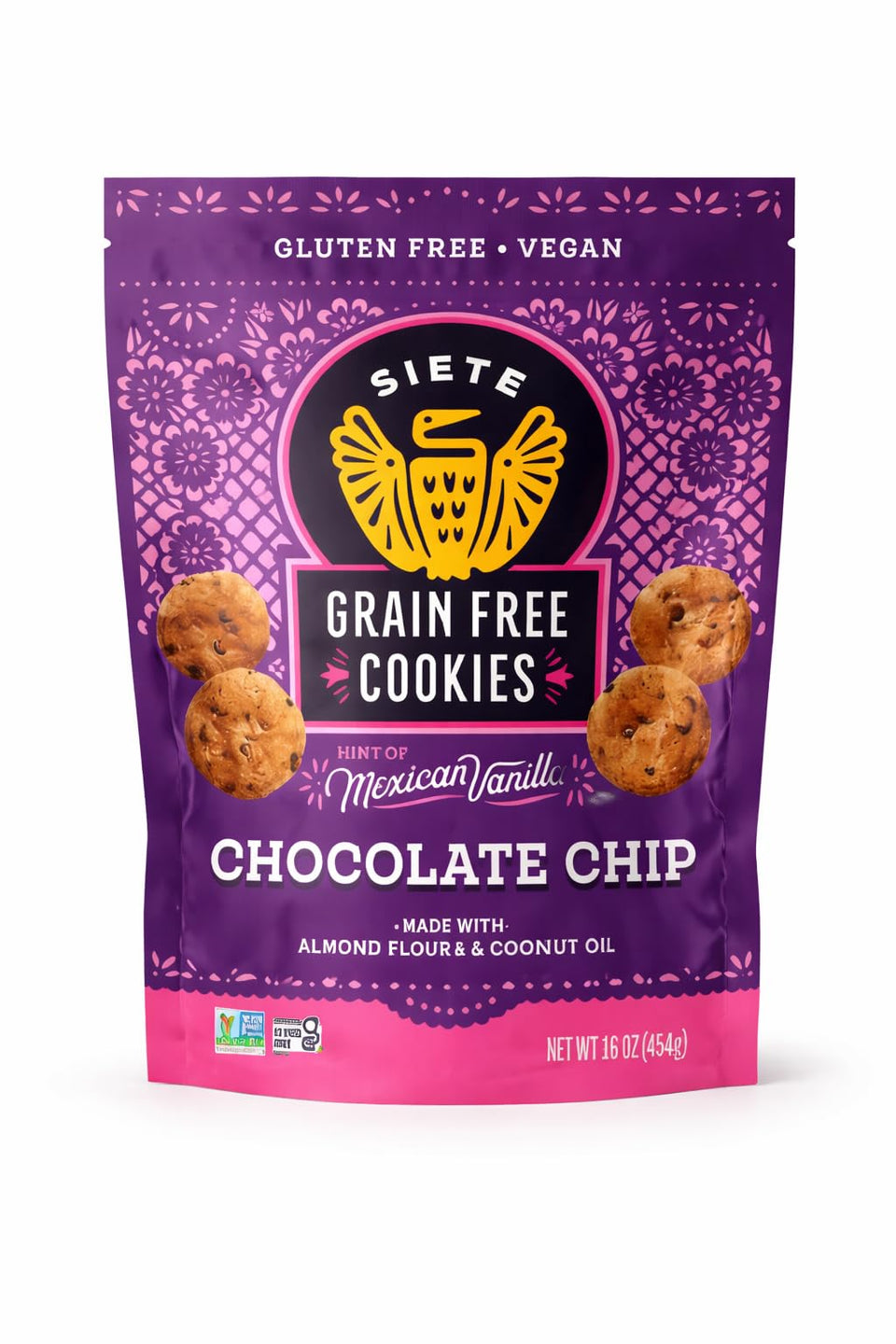 Siete Grain Free Cookies with Mexican vanilla chips closeup, chewy texture for vegan snacking.