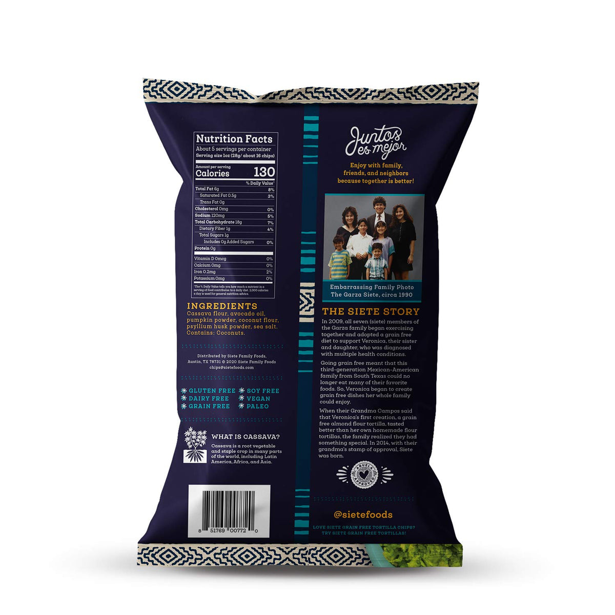 Siete cassava flour chips close up showing natural ingredients and texture