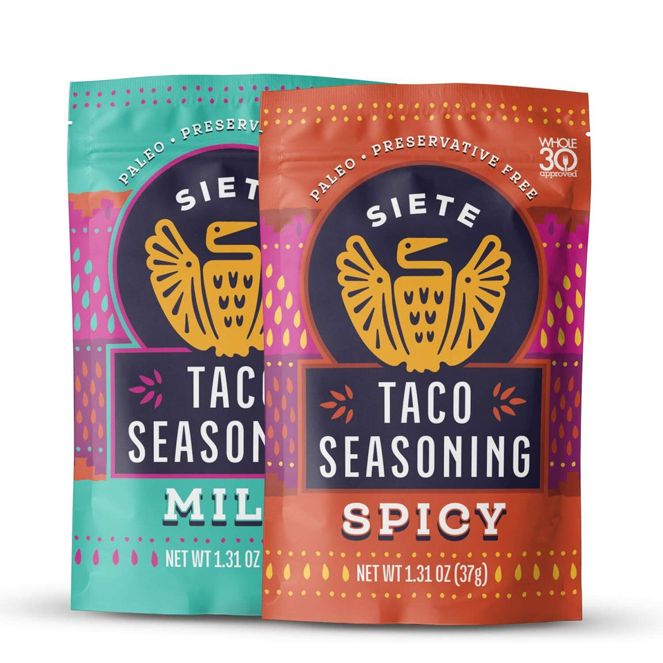 Siete Taco Seasoning Mix Pack front view highlighting gluten-free and Whole30 friendly seasoning