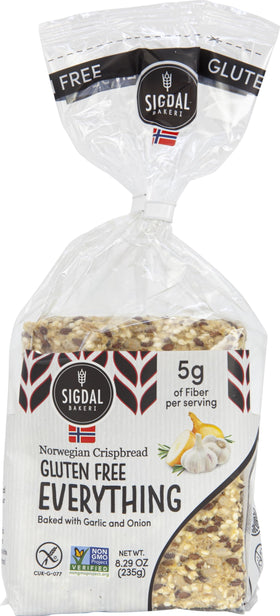 Sigdal Bakeri gluten-free crispbread with garlic and onion, great with cream cheese.