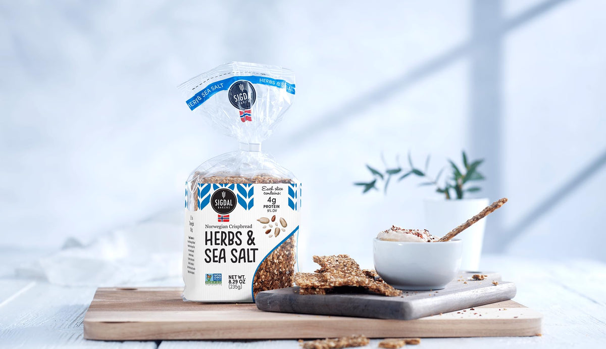 Sigdal Bakeri crispbread serving idea, herbs and sea salt with versatile toppings