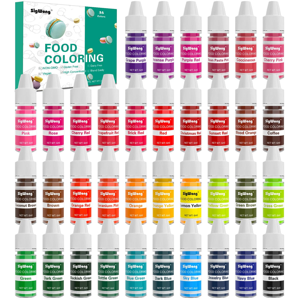 SigWong 36-color concentrated liquid color set for vibrant baking and decorating.