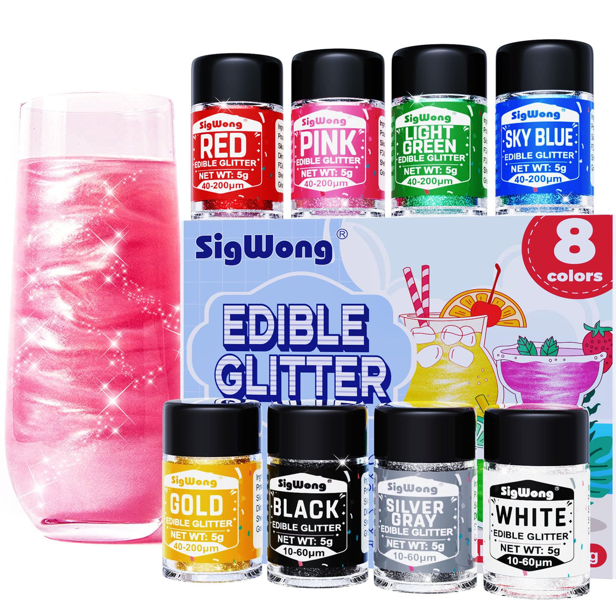 SigWong edible glitter cap-dispense showcases vibrant colors for precise application.