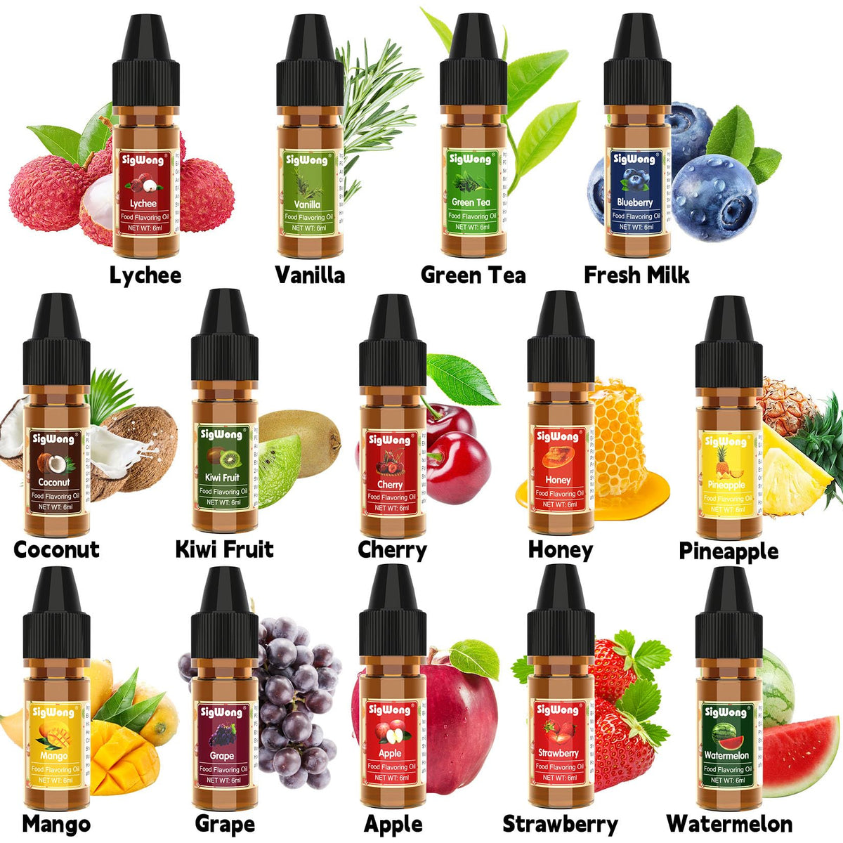 SigWong flavoring oil label detail highlighting 14 natural flavors for versatile cooking and DIY