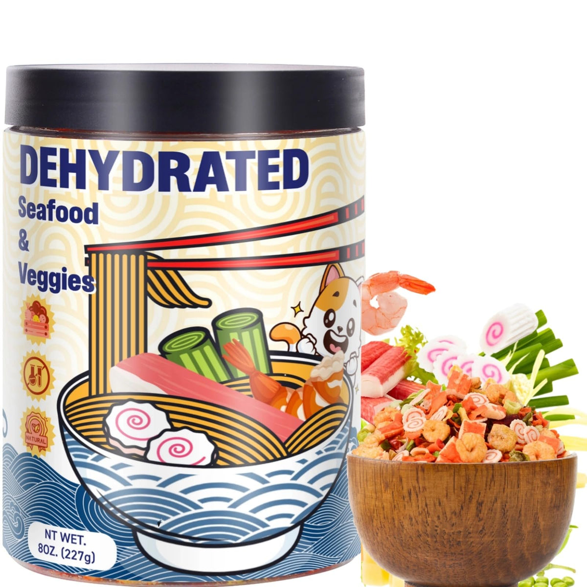 SIHASO 8oz freeze-dried seafood and veggie mix in a bowl, vibrant topping for soups.