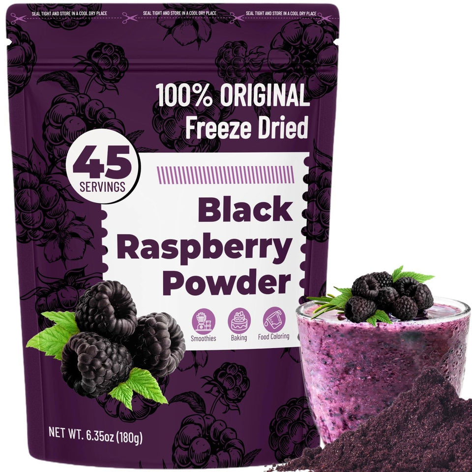 SIHASO freeze dried black raspberry powder in a resealable pouch for convenient berry flavor.