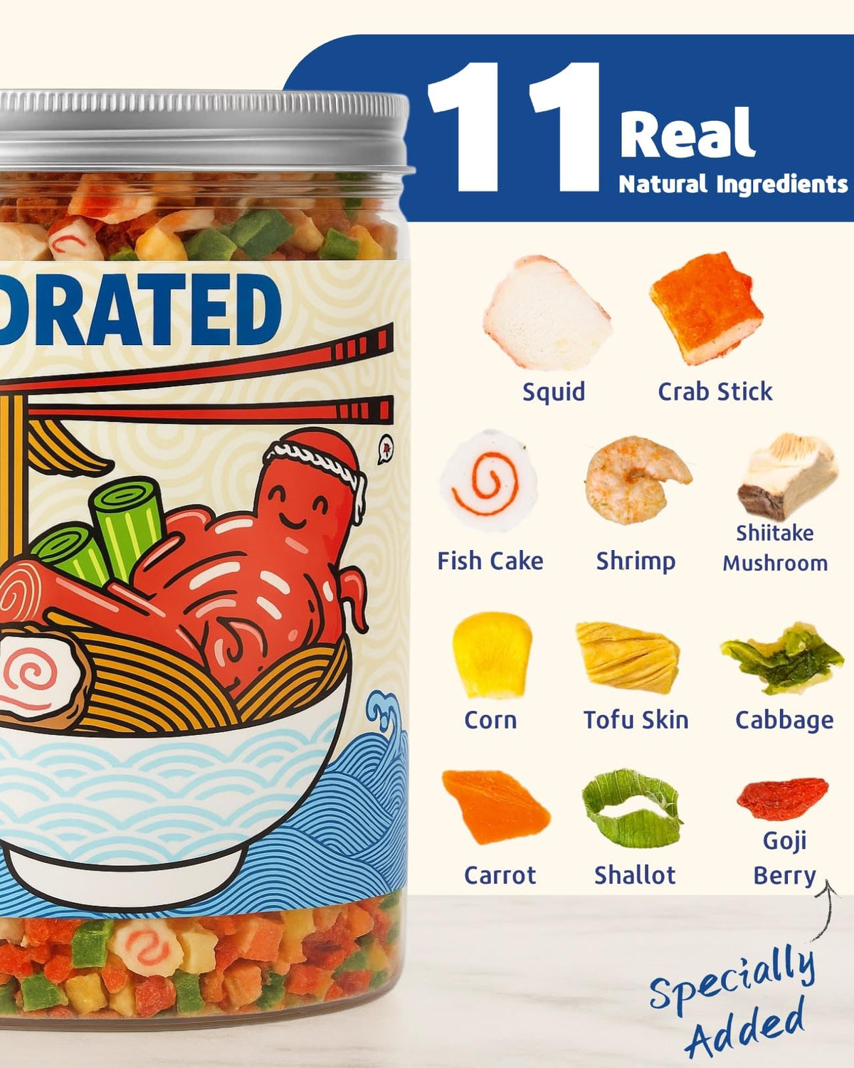 Closeup of SIHASO ingredients showing squid, shrimp, and vegetables for rich texture.