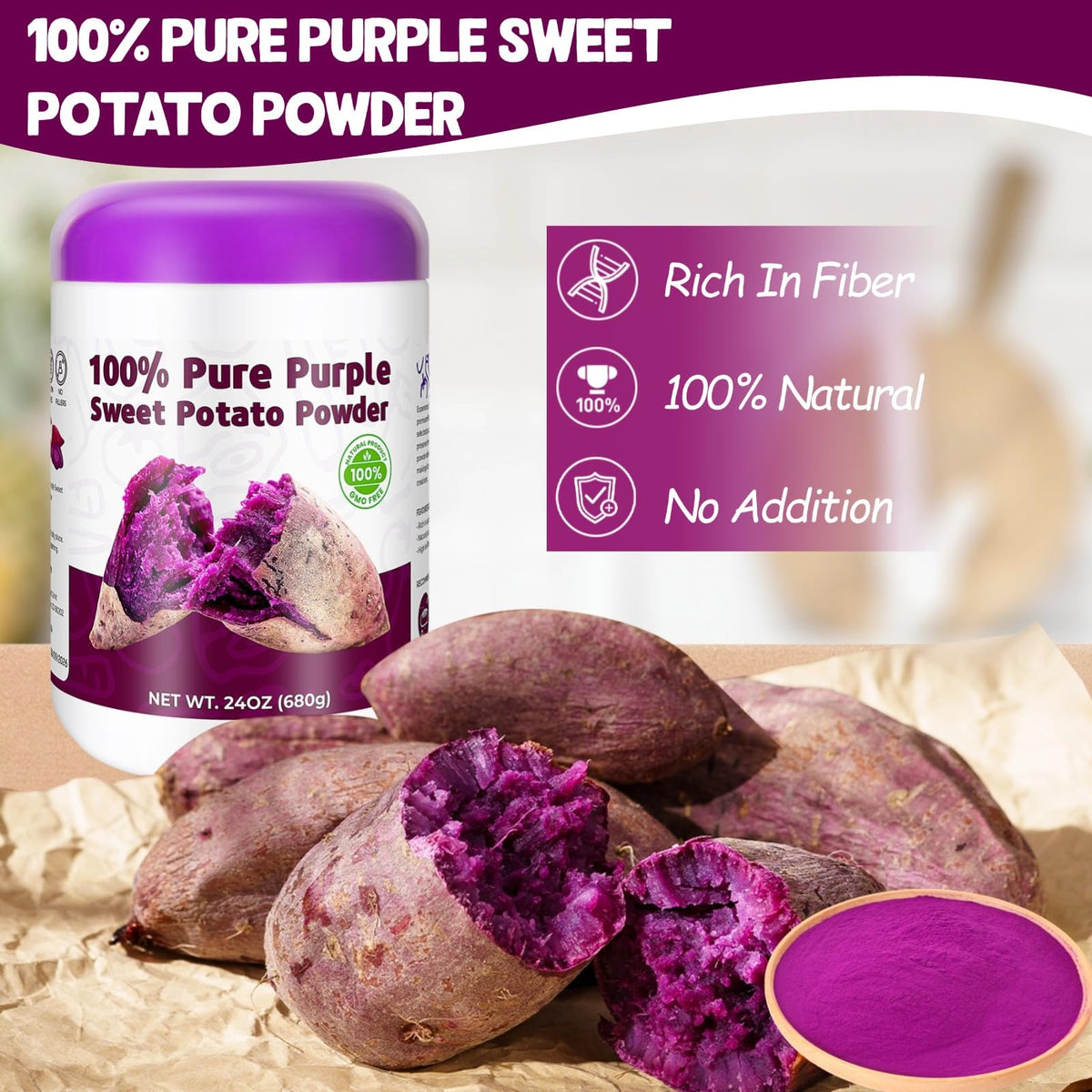 SIHASO Purple Sweet Potato Powder color swatch highlights deep violet hue for drinks