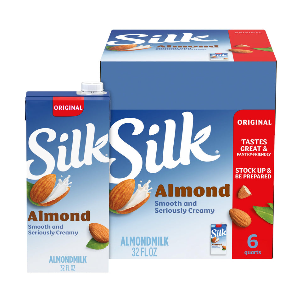 Silk Original Almond Milk bottle pour, ideal for cereal or coffee
