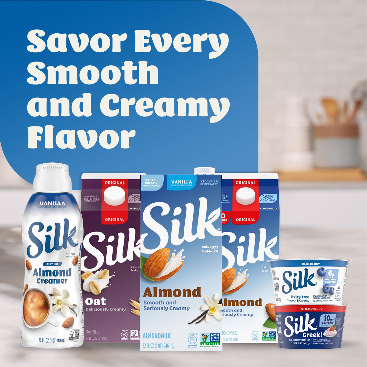 Silk Original Almond Milk Non-GMO and vegan-friendly label
