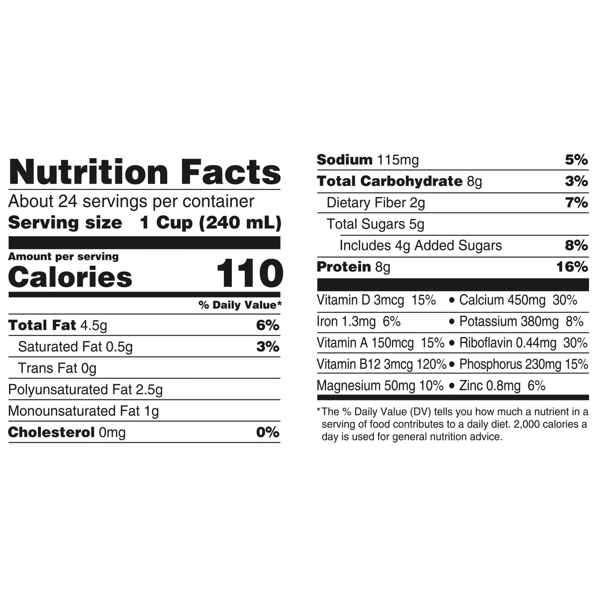 Silk Original soy milk nutrition panel highlights calcium and protein.