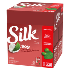 Silk Original soy milk packaging showcases shelf-stable pantry storage.