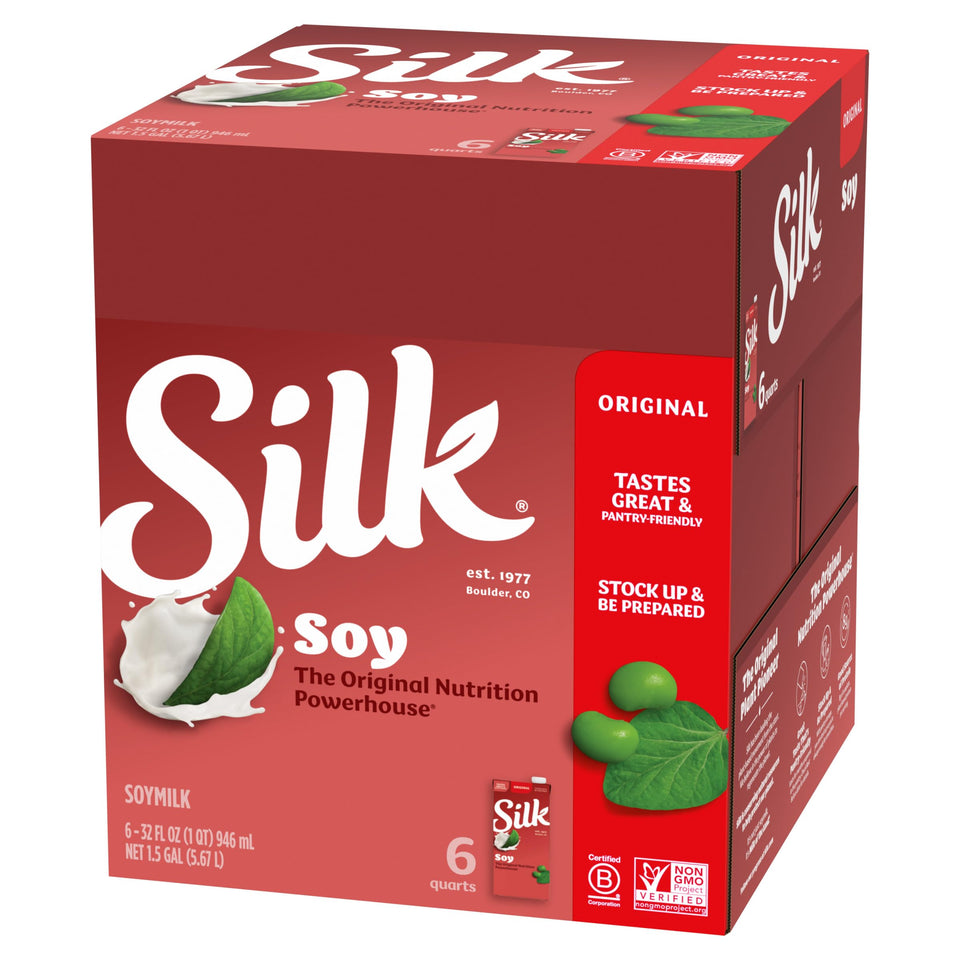Silk Original soy milk packaging showcases shelf-stable pantry storage.