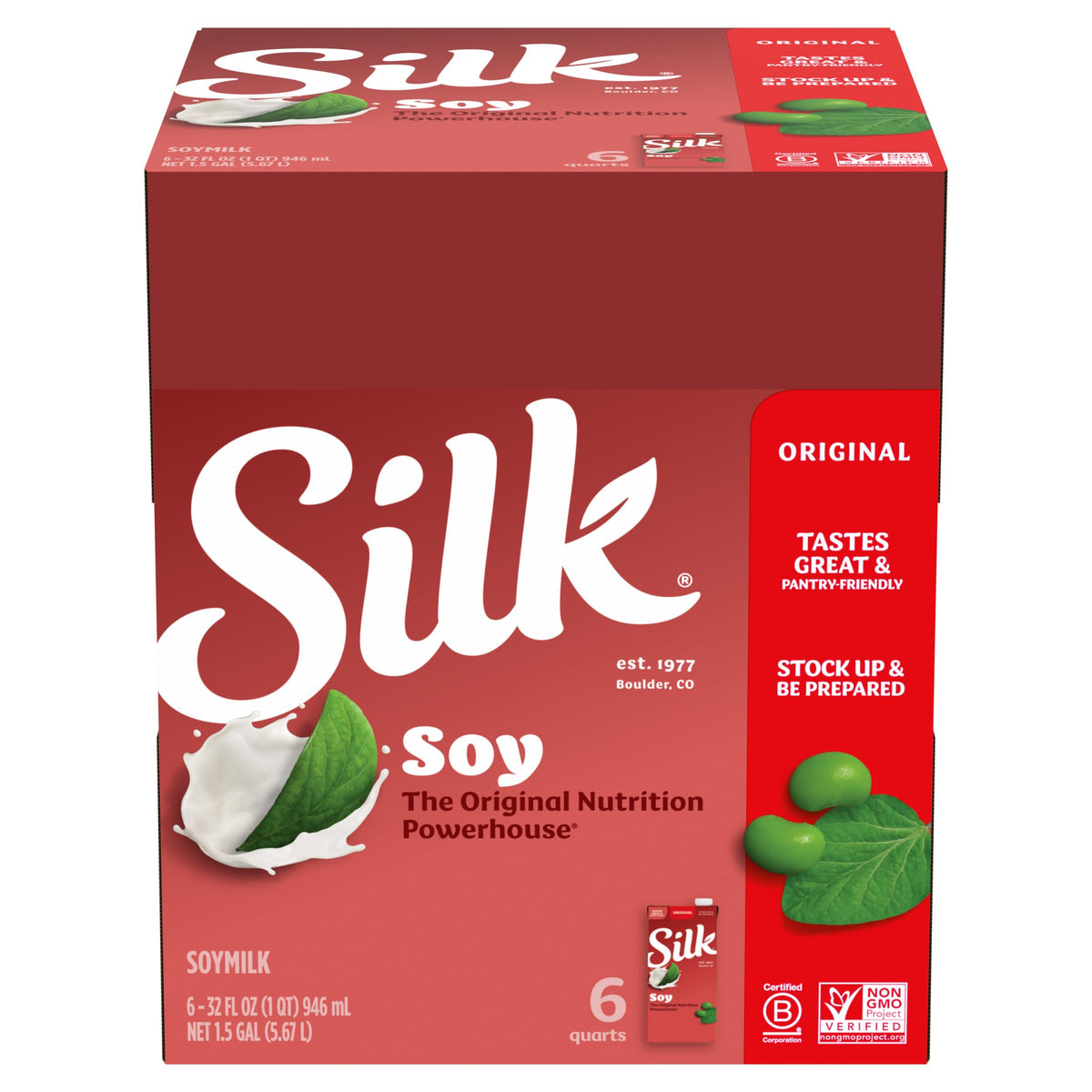 Silk Original soy milk being poured into a glass for a creamy drink.