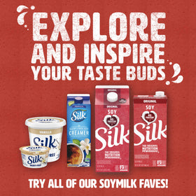 Silk Original soy milk carton emphasizes non-refrigerated shelf-stable storage.