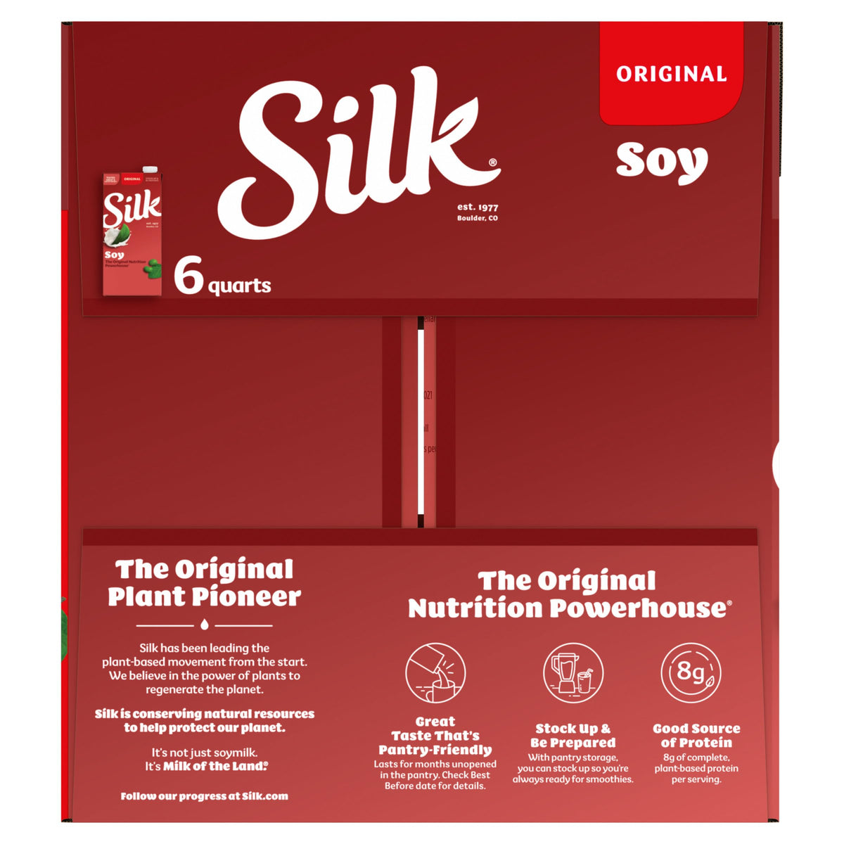 Silk Original soy milk six-pack ready for pantry stocking.