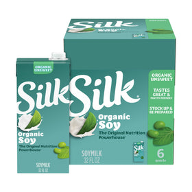 Silk unsweetened soy milk shelf-stable carton on pantry shelf for easy storage
