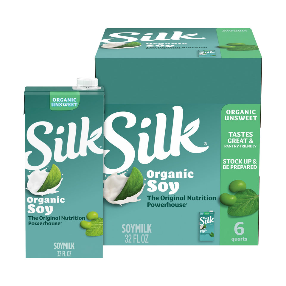 Silk unsweetened soy milk shelf-stable carton on pantry shelf for easy storage